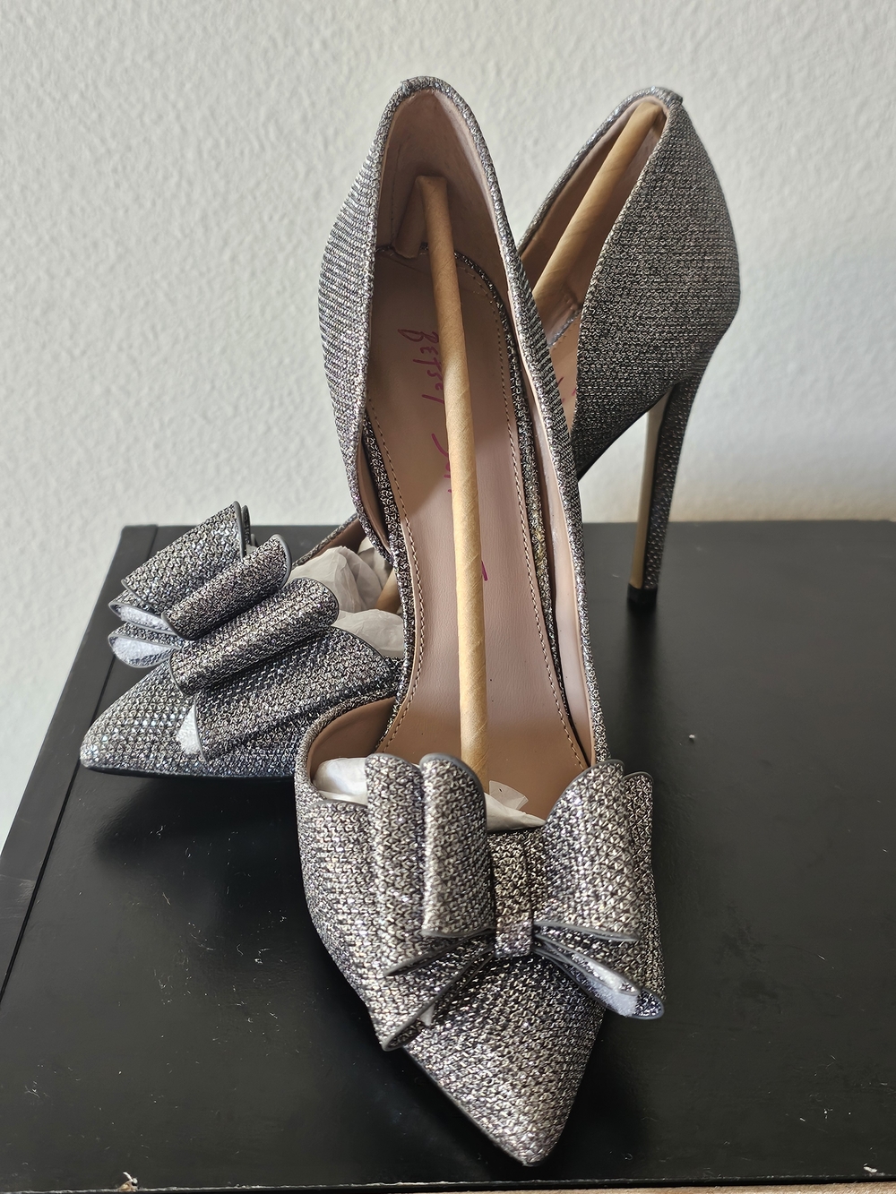 Betsey Johnson Silver Glitter Pointed Toe Stiletto Pumps with Bow Accent